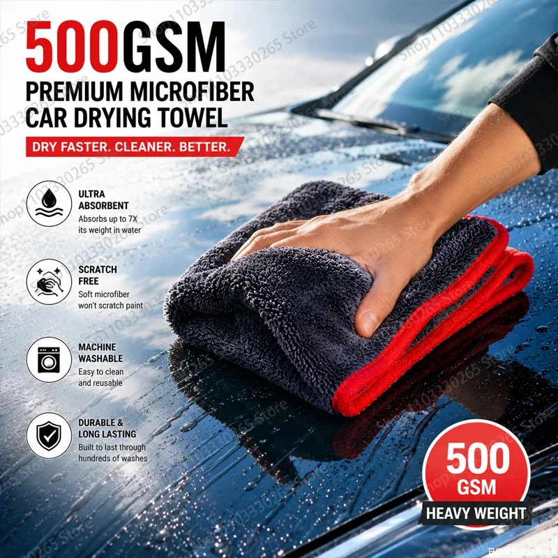 500GSM Lint-Free Car Drying Towel, Ultra Absorbent Microfiber Cloth That Won’t Scratch Paint, for Professional Results