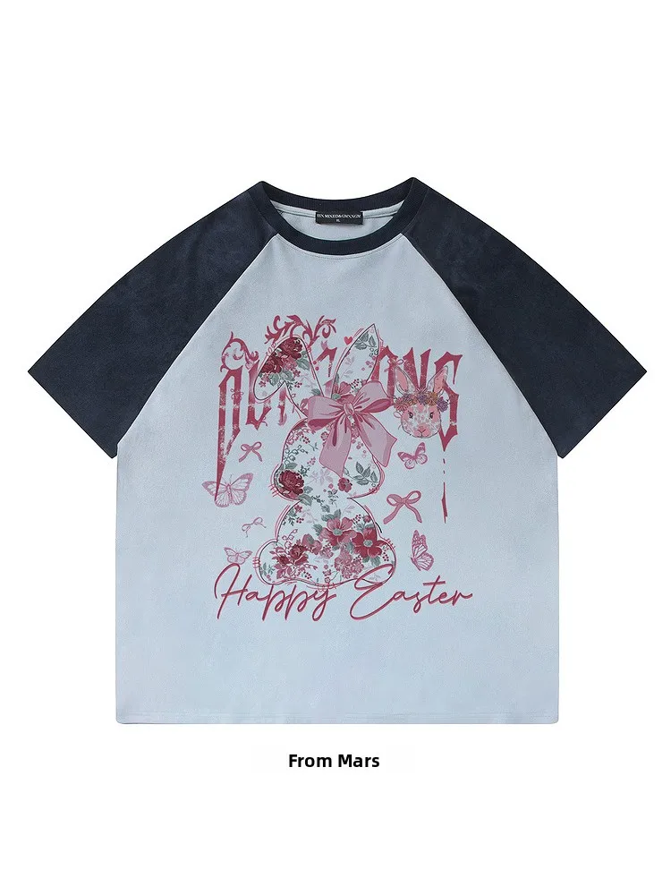t-shirt-a-maniche-corte-con-stampa-vintage-in-stile-americano-floral-rabbit-vestibilita-ampia-stile-casual-bf-per-l'estate
