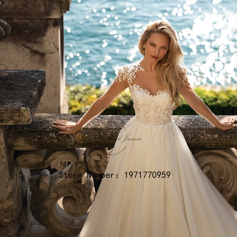 Squisiti abiti da sposa a maniche lunghe per donna scollo tondo Sweetheart fiori 3D Tulle perline abiti da sposa Abito da sposa 2024