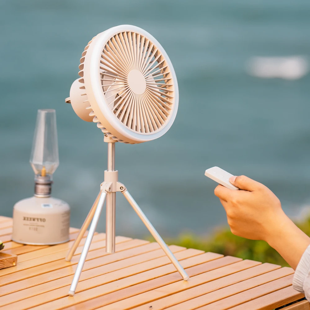 Standventilator, wiederaufladbar, LED-Licht, großer Akku, 10.000 mAh, Luftkühler, verstellbar, faltbar, für den Außenbereich, Campingventilator