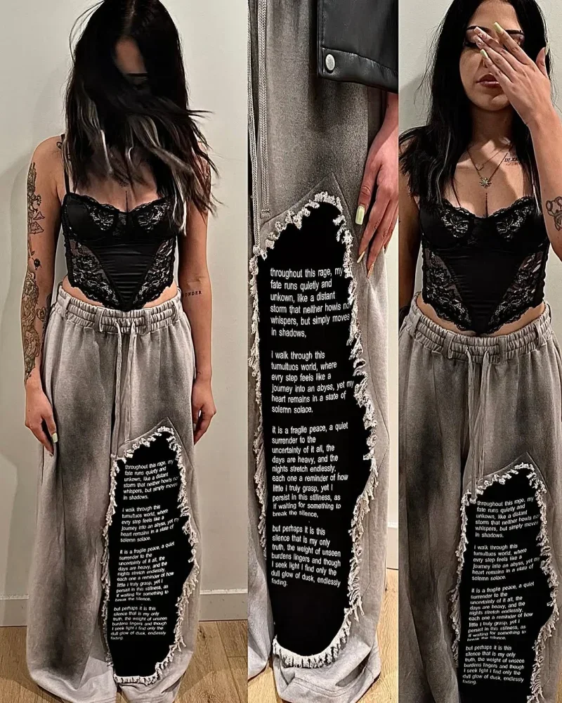 

2025 New Dilapidated Design Letter Printed Pants Y2K Trend Jogger Drawstring Sweatpants Women Street Hip Hop Punk Cargo Trousers