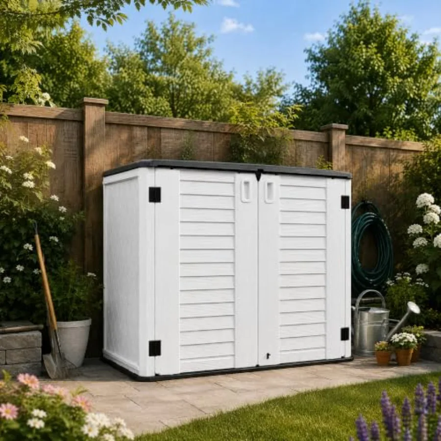 Outdoor Storage Cabinet, Horizontal Resin Storage Shed Weatherproof Polyresin, Gray, Lockable Double Doors Ventilation