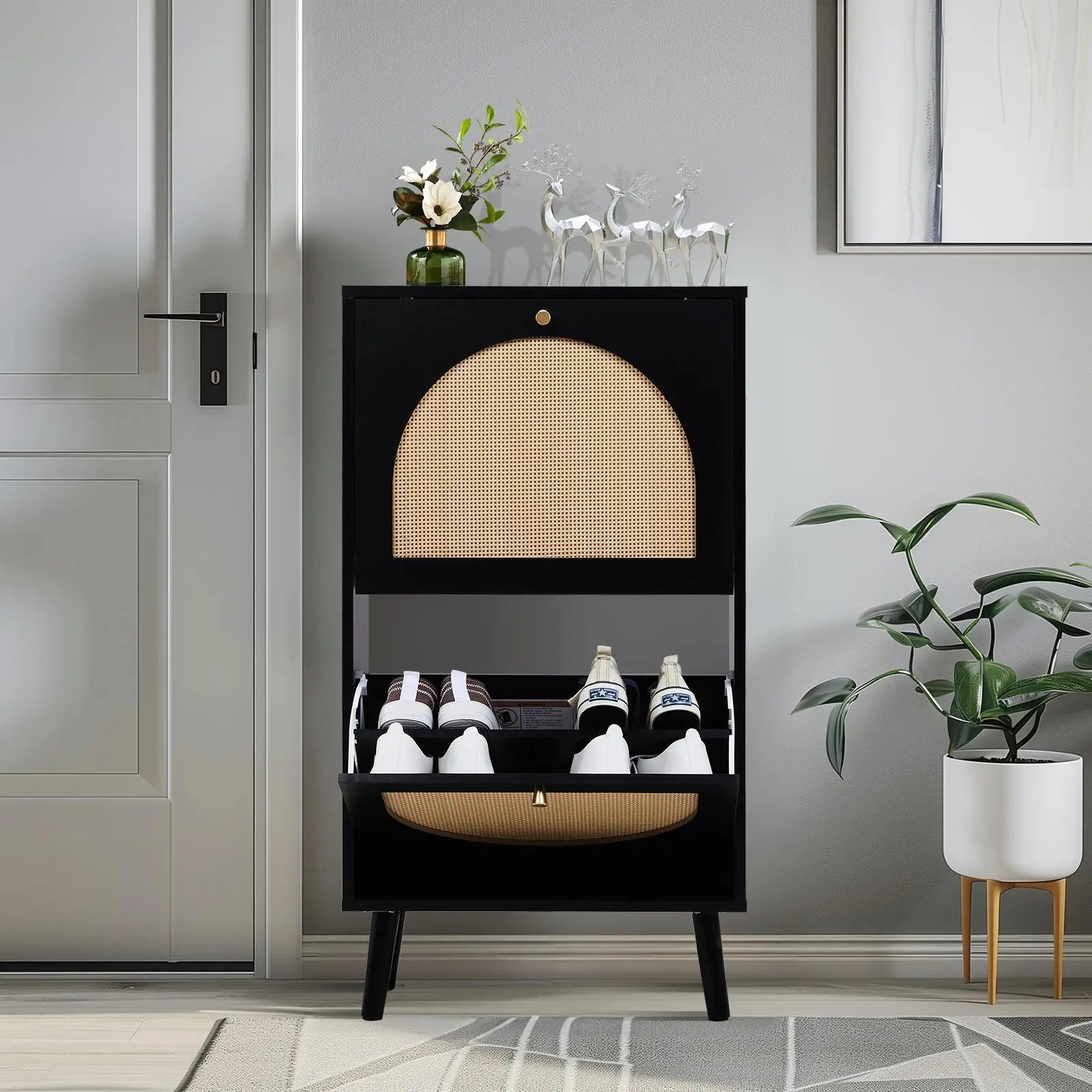 Round Rattan Shoe Cabinet - 2 Dump Buckets, High Feet, Black Frame, Original Wood Surface - 54x24x98cm