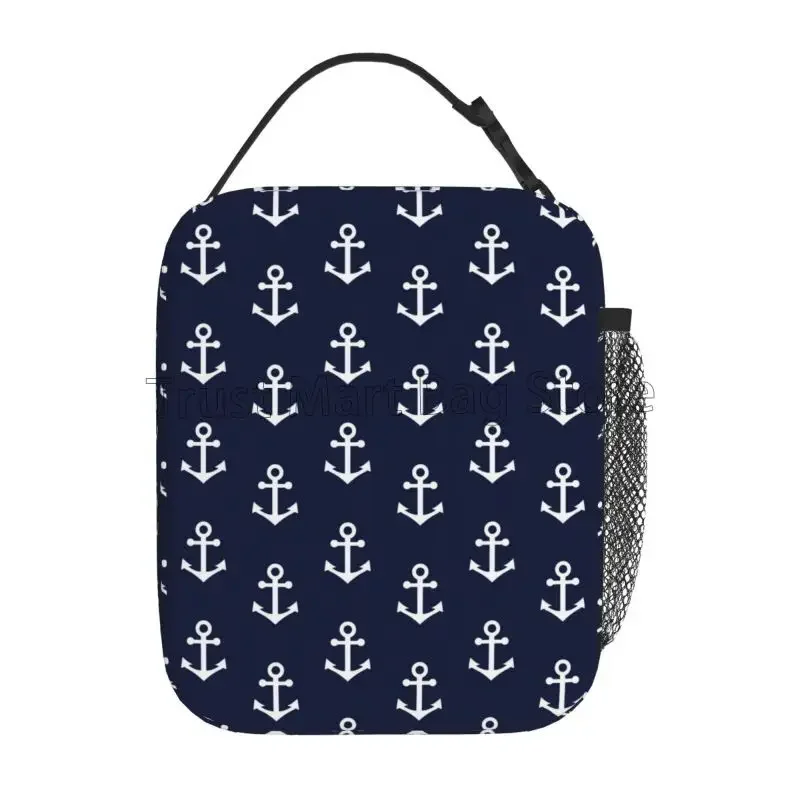 Nautical Anchor Pattern Lunch Box Reusable Oxford Bento Tote Bag Large Cooler Thermal Lunch Bags for Travel Work Picnic Beach