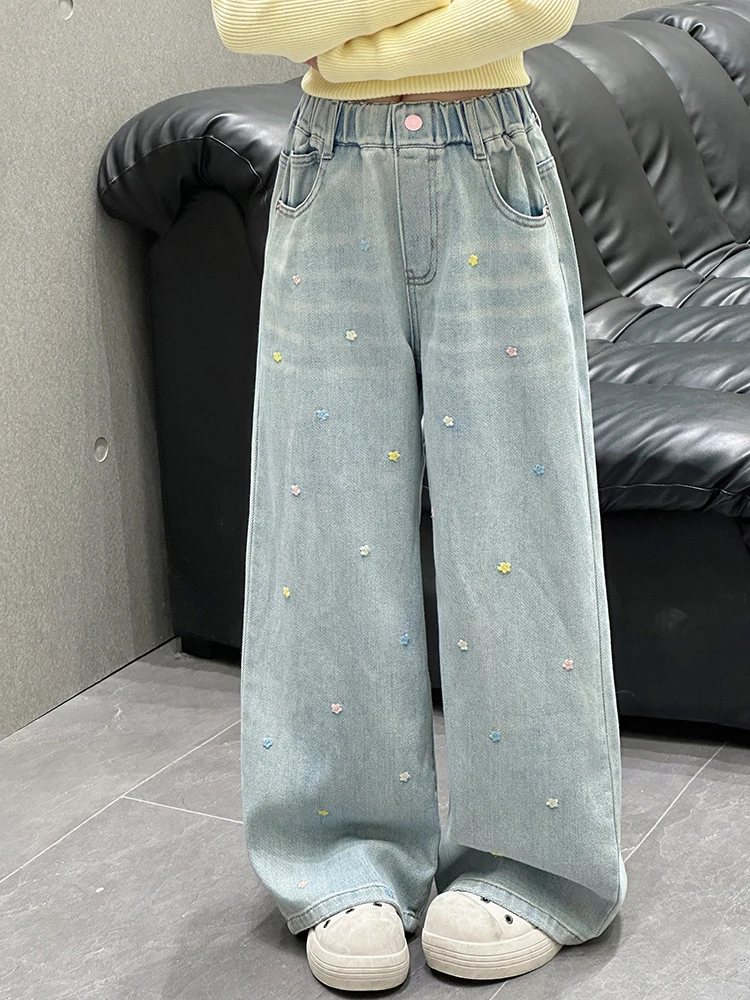 女の子刺繍花柄ワイドレッグジーンズカジュアル春秋韓国スタイル子供デニムパンツ中大子供ファッショナブル