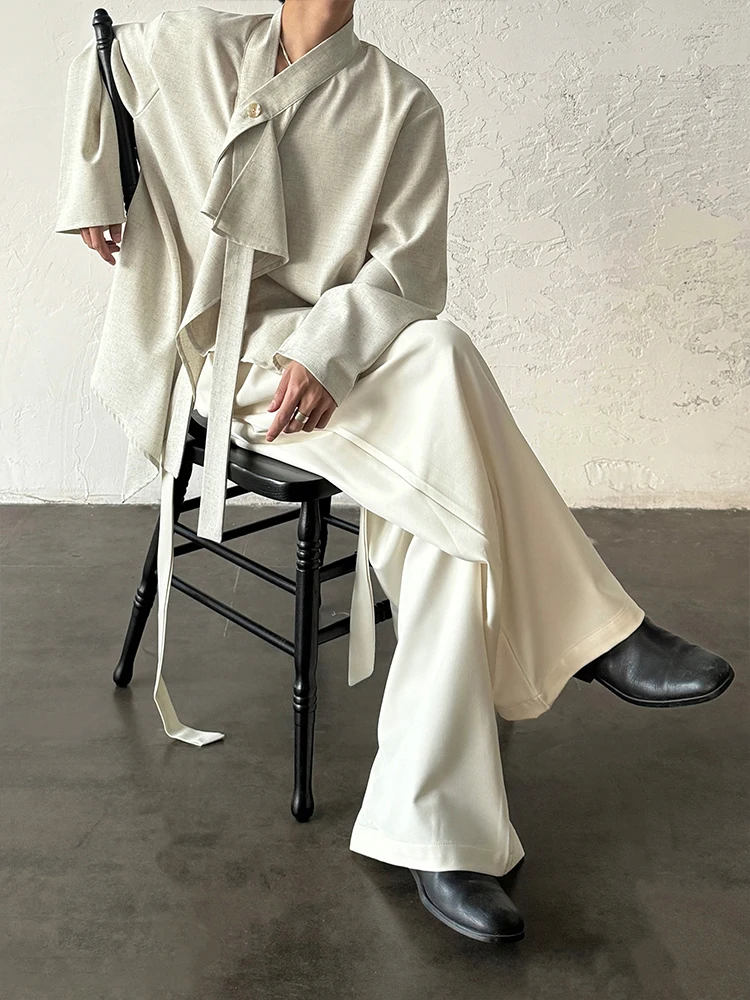 

14GSL Simple Stand Collar Shirt with Sash Asymmetrical Slit Design Loose Fit Polyester Youth Fashion Spring Unisex Shirt