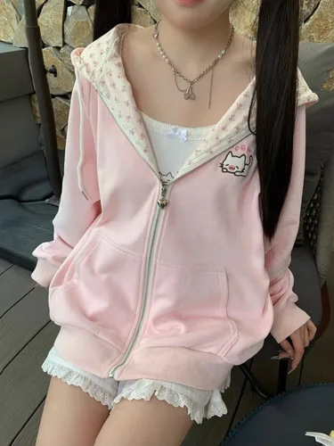Imagen 1 del producto Sudaderas con capucha Y2k para mujer, sudaderas con capucha y estampado Floral de gato Kawaii verde, chaqueta fina rosa, ropa de calle bonita para primavera y otoño