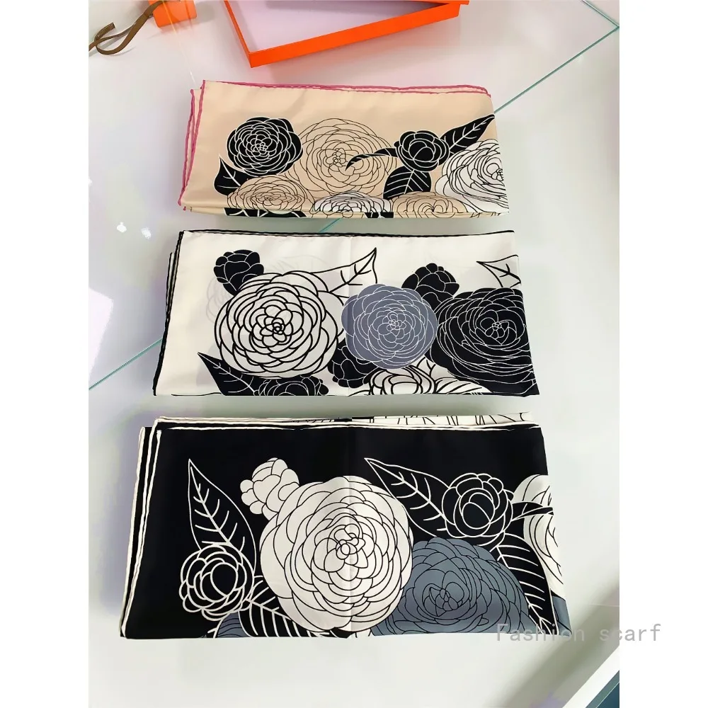 

Sketch Rose Art Print Scarf 90cm Hand-Rolled Edges Lightweight Sunscreen Shawl Head Cover Women Fashion Accessory