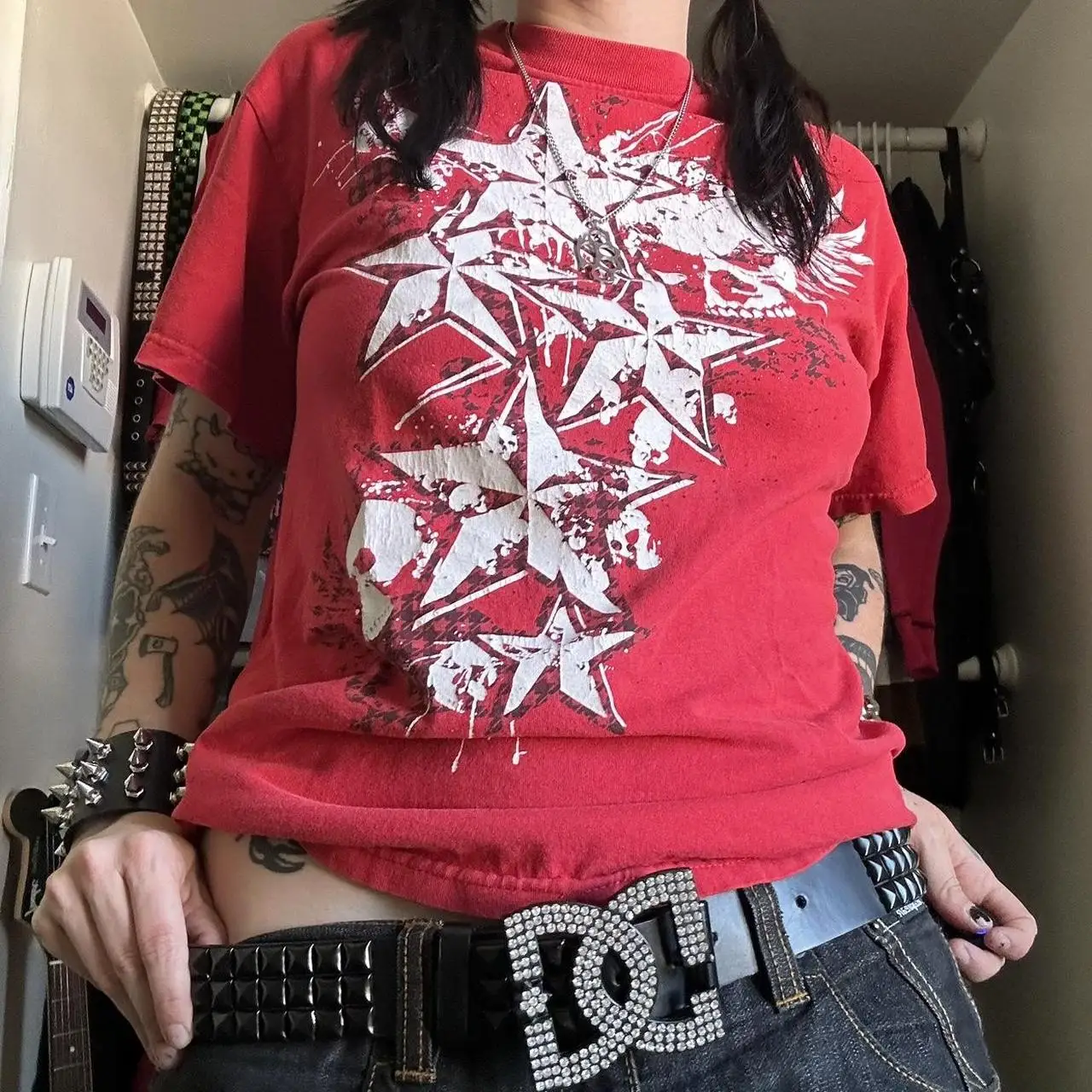 Camiseta de manga corta con estampado de calavera Vintage para mujer, ropa de calle gótica con cuello redondo, Y2K, estética Harajuku, ciber japonés, años 90