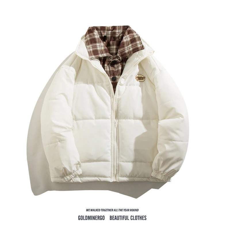 

American Retro Plaid Cotton Jaet Outerwear Loose Collar Thiened Fake Two-Piece Men Women Winter Warm Casual Long Sve