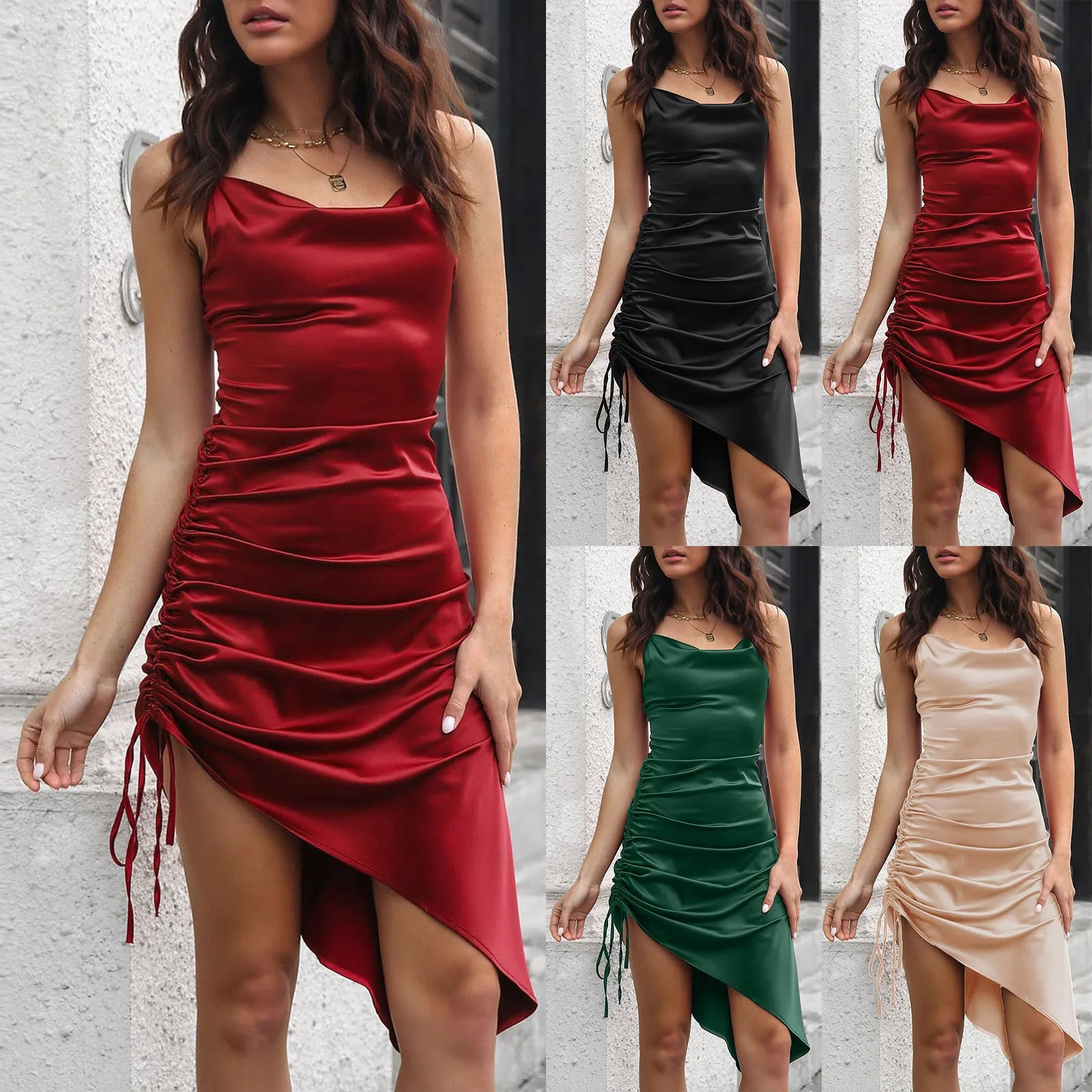 Woman Autumn Style Spaghetti Strap Dress Lady Casual Sleeveless Asymmetrical Satin Solid Color A-Line Dress Vestidos 2024