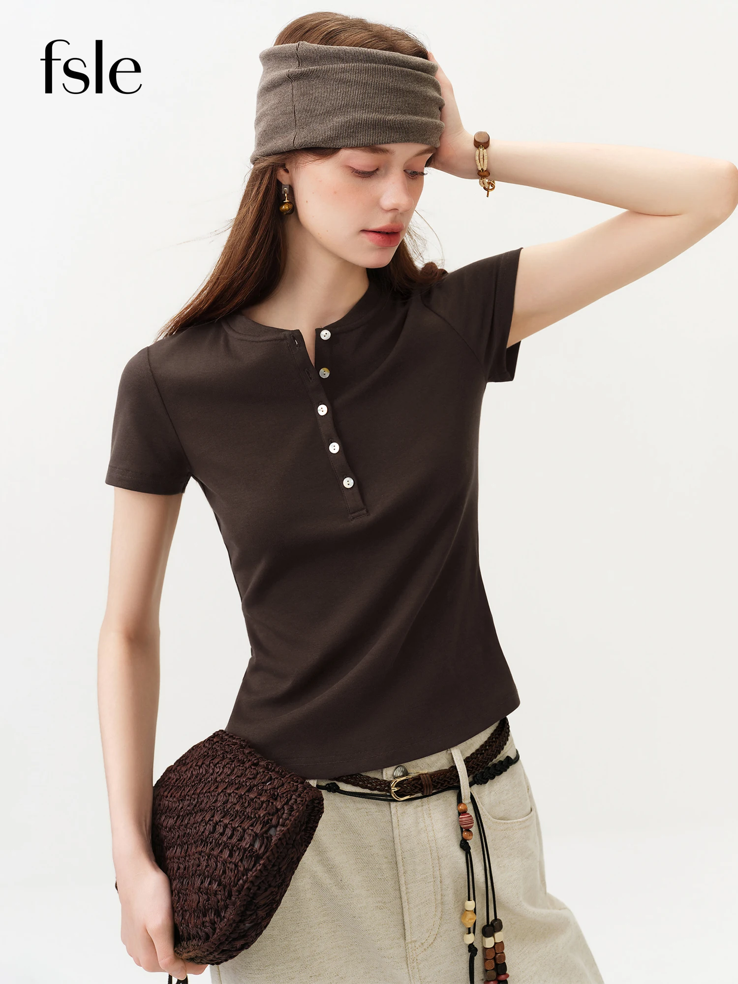 FSLE New Summer Women's Fitted Short Sleeve White T-Shirt with Buttons Soft Cotton Lyocell Office Commute Daily Versatile Top image 2
