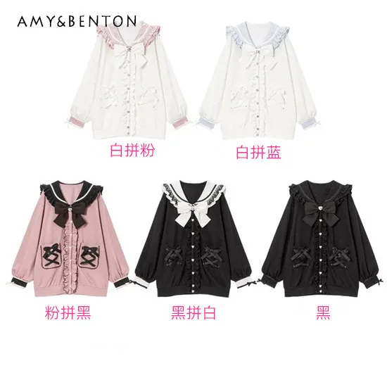 Japanese Mine Series Mass-produced Navy Collar Jacket Women Autumn Winter Sweet Girl Color Matching Lace-up Bow Lapel Jackets