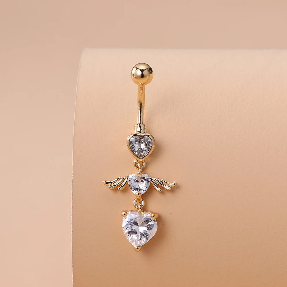 KUNIU 1pc Cute Fashion Angel Wings Heart Shape Zircon Belly Ring Women\'s Fit Piercing Body Jewelry