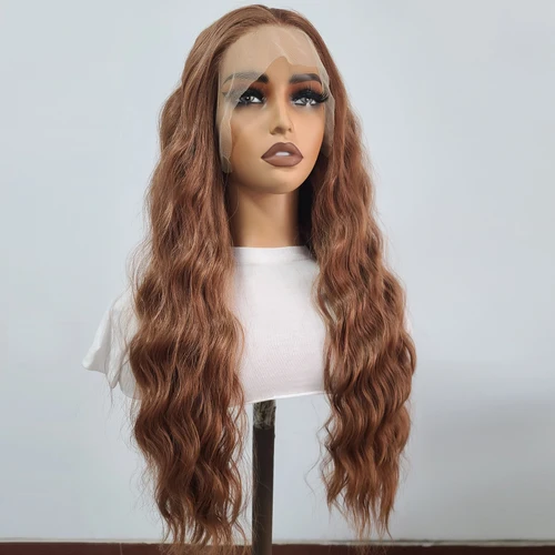 Imagen 2 del producto AIMEYA pelucas frontales de encaje sintético para mujer, línea de cabello Natural, peluca de encaje de pelo sintético, peluca larga marrón, pelucas de Cosplay prearrancadas para mujer