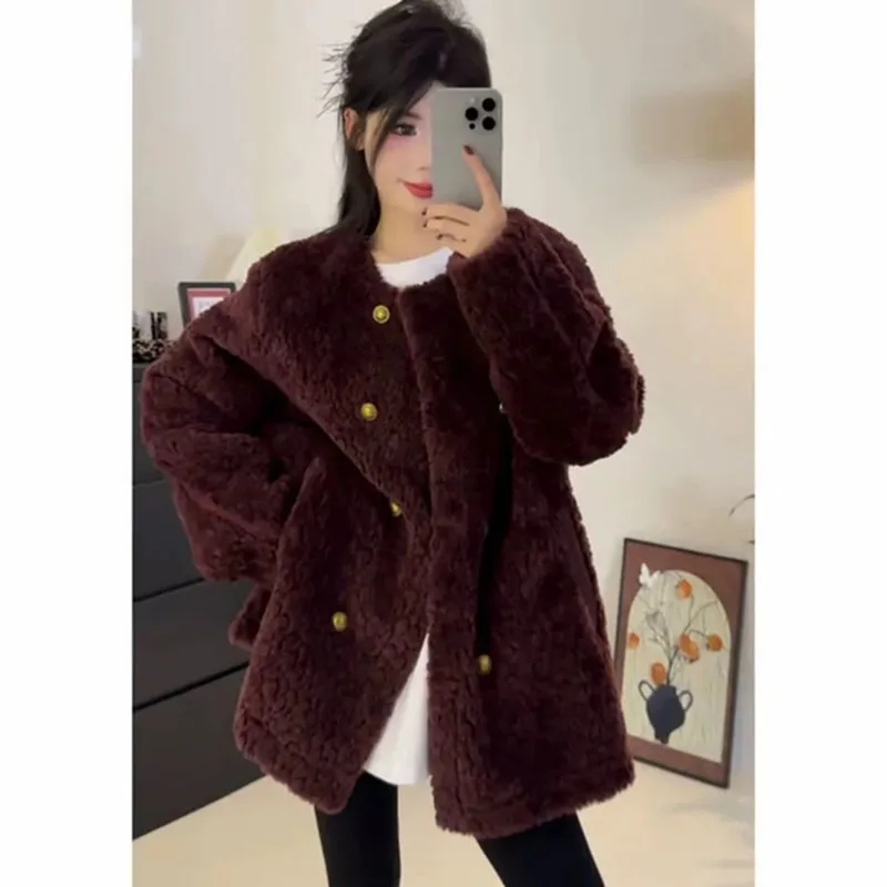 Lady Fashion Ronde Hals Lamswollen Jas Franse Vrouwelijke Double-breasted Losse Top Lente Herfst Vrouwen Vrije tijd Grote Maat 4XL Jas