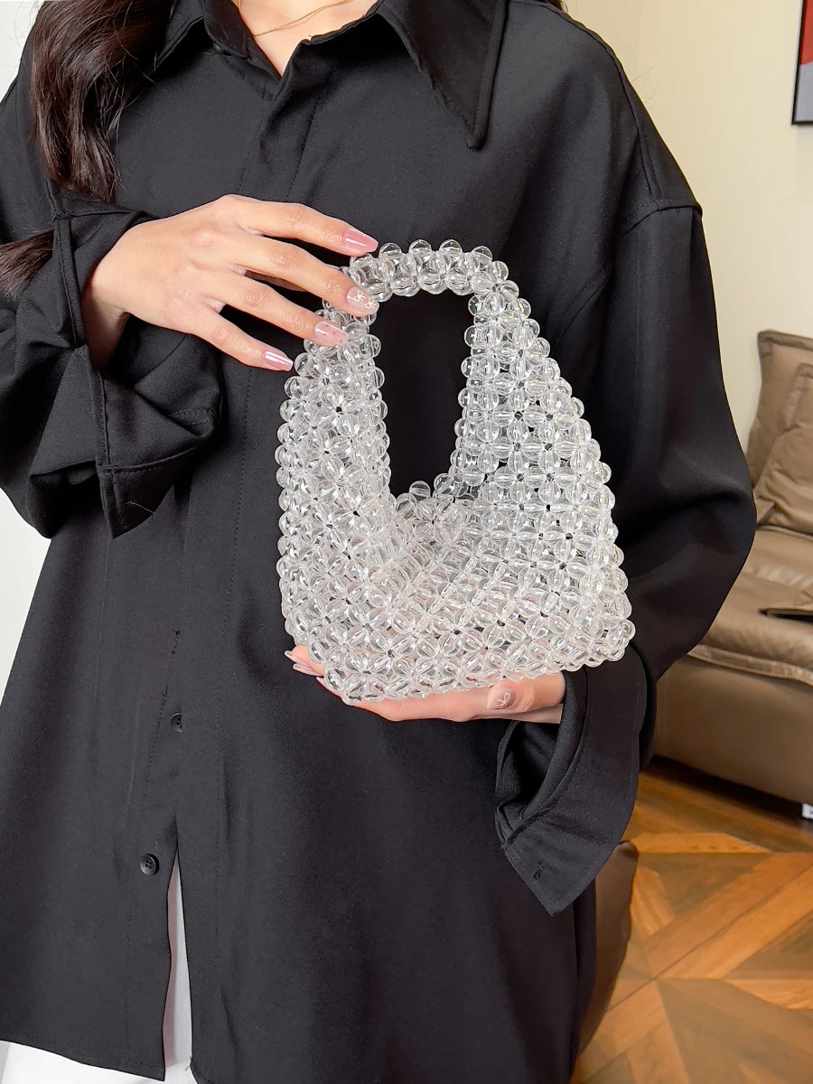 

Faionable Ele Woven Pearl Handbag Handheld Clutch Bag for Banquet Dinner Par Women's Small Size Handbag