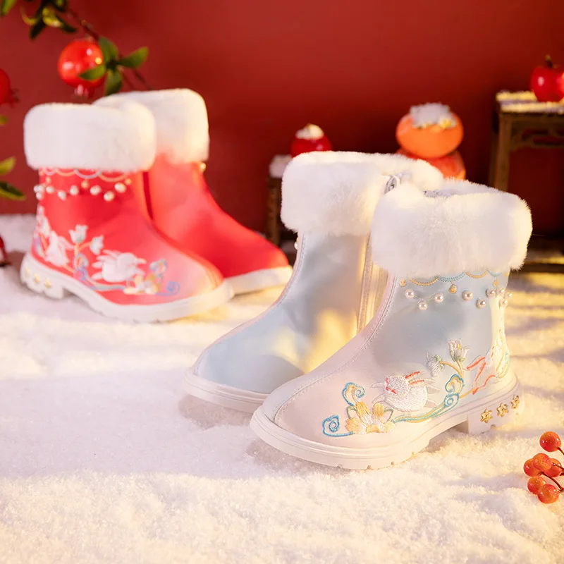 CY348 Winter New Hanfu Boots Antique Performance Baby New Year Shoes Children Embroidered Cotton Boot Female