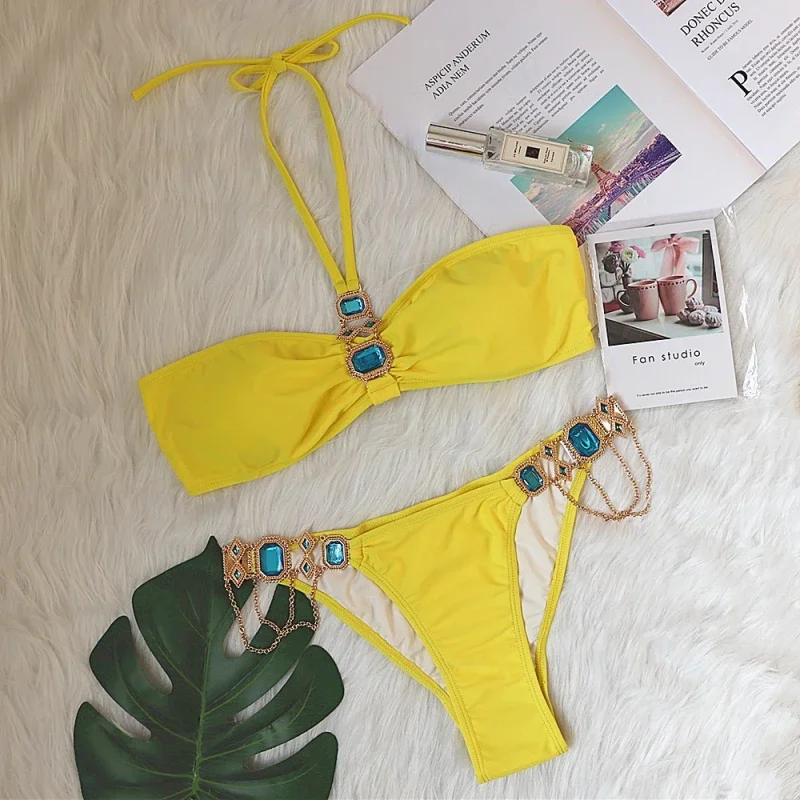 

Luxury Crystal Chain Women's Two-Piece Swimsuit Tie Bikini