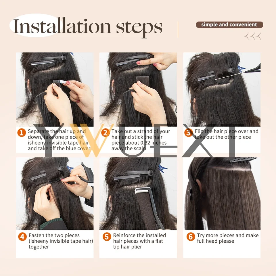 Trama de piel invisible marrón, extensiones de cabello natural lacio a máquina, Remy sin costuras adhesivas tape in de cabello humano, 10 piezas por paquete 5
