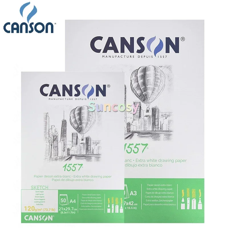 Canson 1557 Sketchbook, 120gsm, A2 A3 A4 A5, Drawing Pad, Sketch Notebook, Large Creative Book, Natural White, Minimal Bleeding