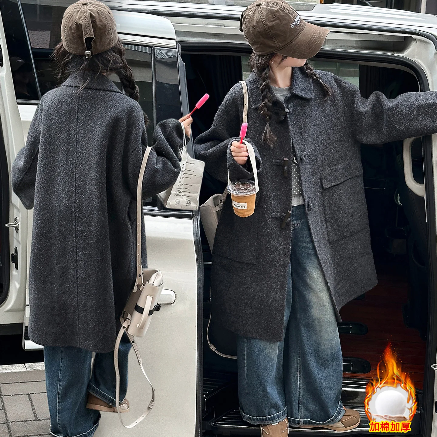 معطف خريفي وشتوي بأزرار على شكل قرن للفتيات المراهقات معطف صوفي ناعم باللون الرمادي والأحمر للأطفال الصغار معطف علوي دافئ الطول ملابس خارجية غير رسمية كبيرة للأطفال