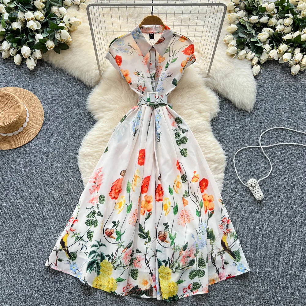 Chic vintage con stampa polo Elegante fata moda coreana Boho Prendisole abbigliamento donna Abito lungo