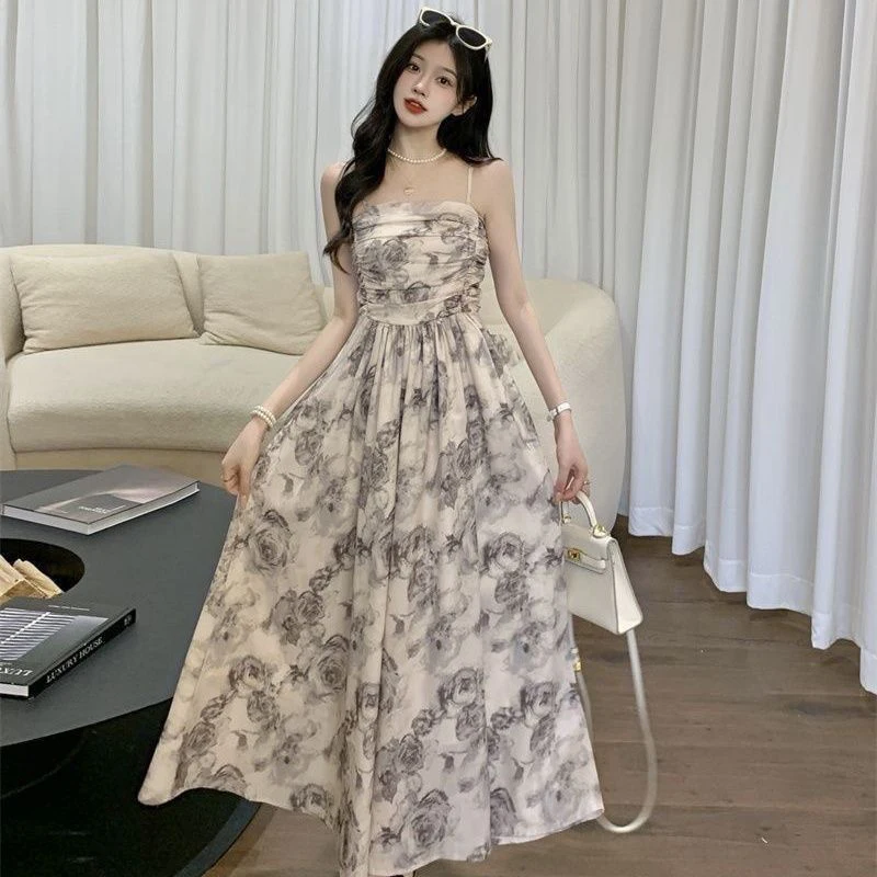 Gidyq Spaghetti Strap Dress Women Summer Sweet Cute Floral Camis Dress Korean Fashion Chic Female Sleeveless Long Vestidos New