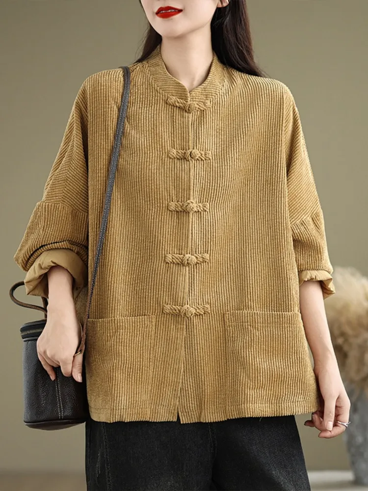 New Chinese Style Retro Corduroy Jacket Women's Autumn Winter National Style Buttoned Improved Tang Costume Cardigan Top