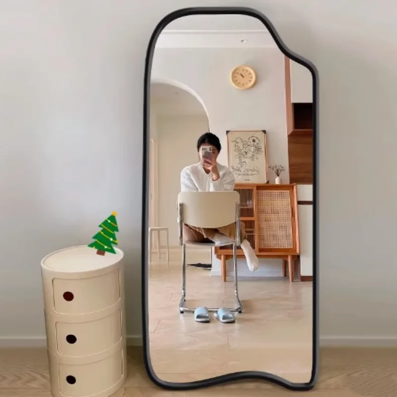 Wholesale Black Frame Irregular Wavy Full Length Mirror Floor Standing Dressing Mirror For Hotel Villa Clothing Store
