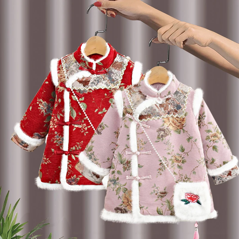 Winter Girls Clothing Kids Princess Tang Cheongsam Qipao Dress Embroidery Cotton-Pad Children Baby Red New Year Wear Vestidos