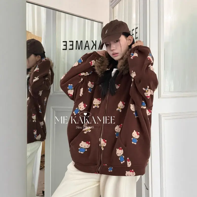 لطيف كيت طباعة هوديي المرأة فضفاض سستة قبعة مزدوجة اللون بلو ربيع الخريف سترة Jaet عارضة تخفيف Sle