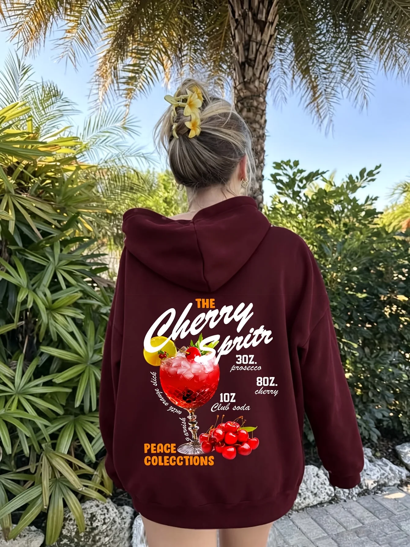 The Cherry Spritr Cocktail Pattern Women'S Hoodie Oversized Comfortable Hoody Autumn Fleece Pullover Korean Couple Streetwear