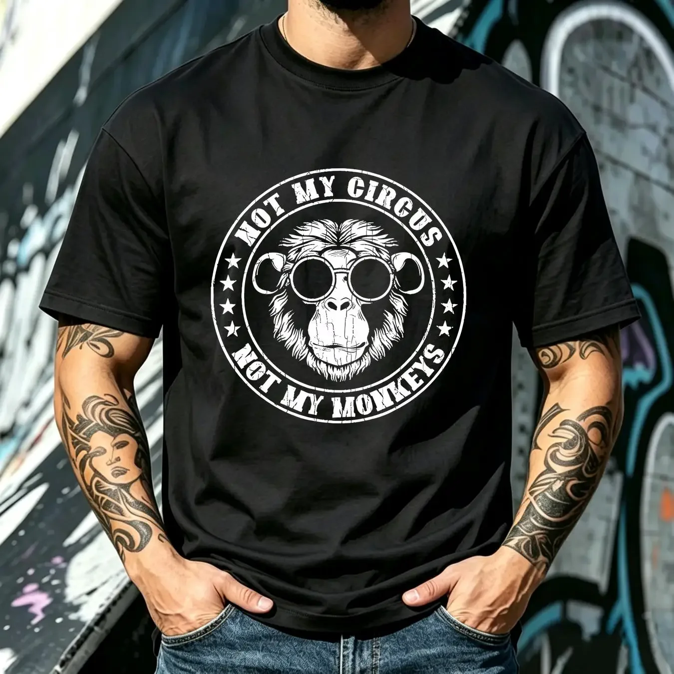 washed T Shirt Not My Circus Monkeys Funny Monkey Animal Lover  vintage Washed Stretched Breathable Unisex Versatile