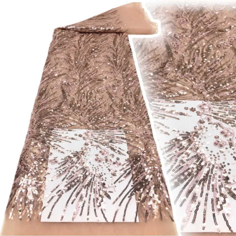 

Африканская кружевная ткань с бисером, высококачественная сетка с вышивкой, французские блестки для шитья женских вечерних платьев, 5 ярдов, TP1601