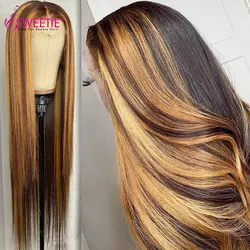 34Inch Bone Straight Highlight Lace Front Human Hair 4/27 Ombre 13x6 Lace Frontal Wigs 13x4 Honey Blonde Colored Wigs For Women