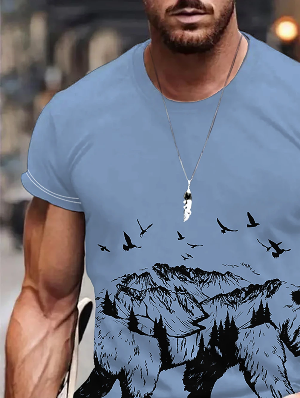 Men's round neck casual T-shirt 3D digital printing short sleeve blue flying bird printing short sleeve cross-border