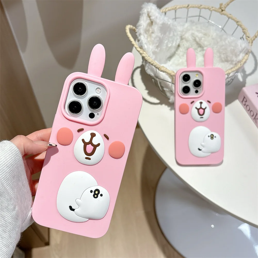 Cute Cartoon Pink Long Ear Rabbit Phone Case For iPhone 16 15 14 Plus 13 12 MINI 11 Pro Max XR XS Shockproof Silicone Soft Cover