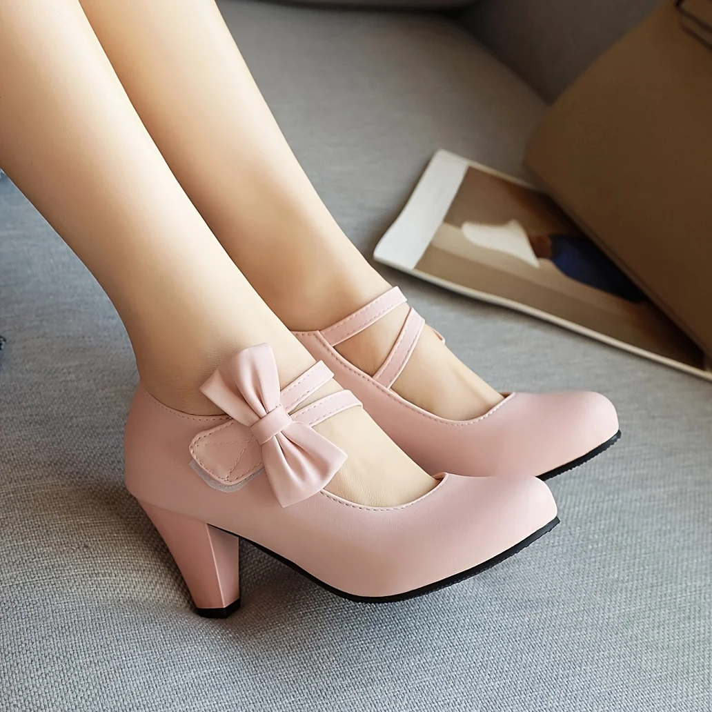 Round Toe Pumps Kitten Heels, Bowknot Ankle Straps PU Leather Fashion Dance Work Dress Chunky Shoes, Women's Footwear