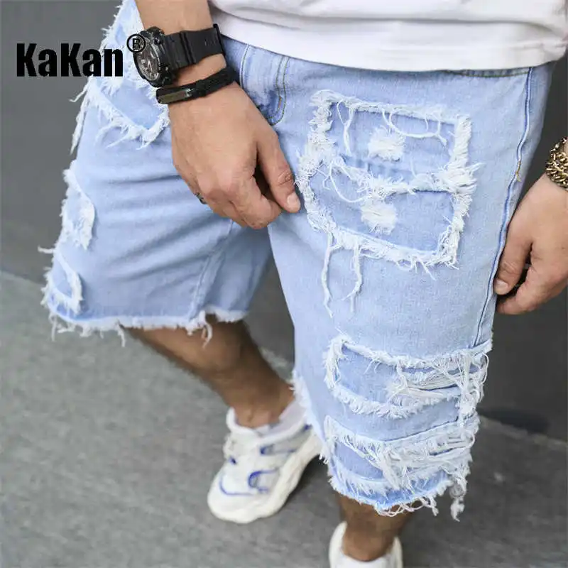 Kakan - New European and American Distressed Tassel Jeans for Men, Blue Casual Shorts and Capris K9-519