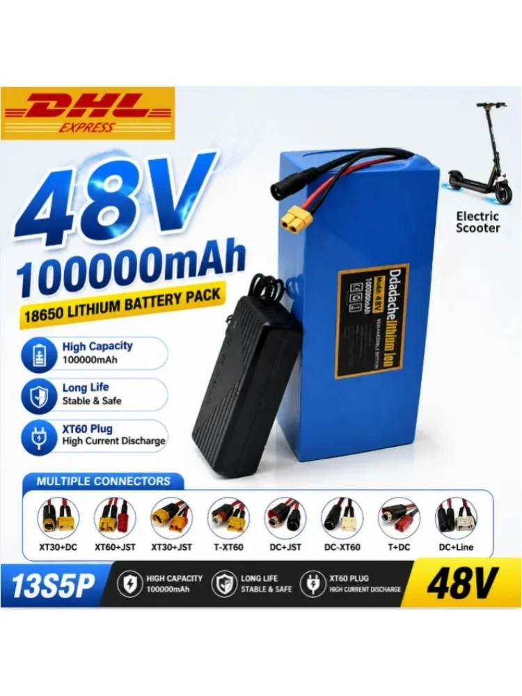 PL Lager 48V 100Ah 13S5P 18650 Lithium-Batteriepack mit eingebautem BMS 54,6V 2A Ladegerät für 500-1000W Elektromobilitätsgeräte E-Scooter E-Bike