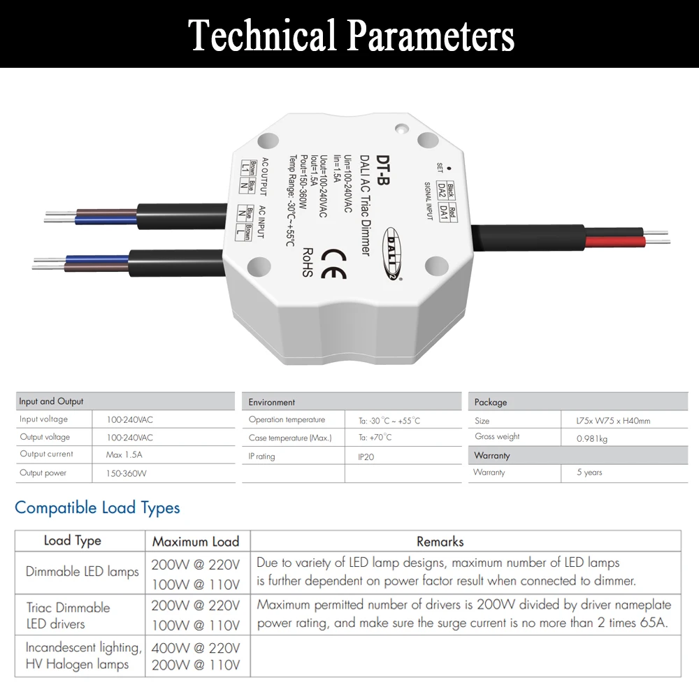 DALI AC Triac Dimmer Light Strip Controller 1CH 110V 220V 230V Trailing Edge Dimming Switch for Single Color LED Lamp Lights