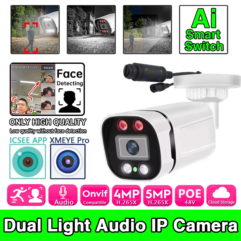 

AI Audio IP POE 5MP 4MP камера с микрофоном инфракрасная полноцветная двойная подсветка Xmeye уличная водонепроницаемая камера для превосходного видеонаблюдения
