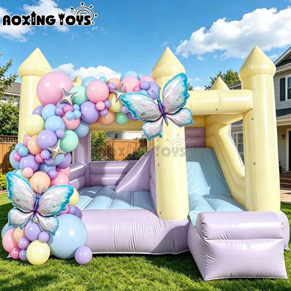 Commercial Macaron Inflatable Bounce House With Slide For Kids,PVC Jumper Castle With Balloon for Birthday Wedding Party