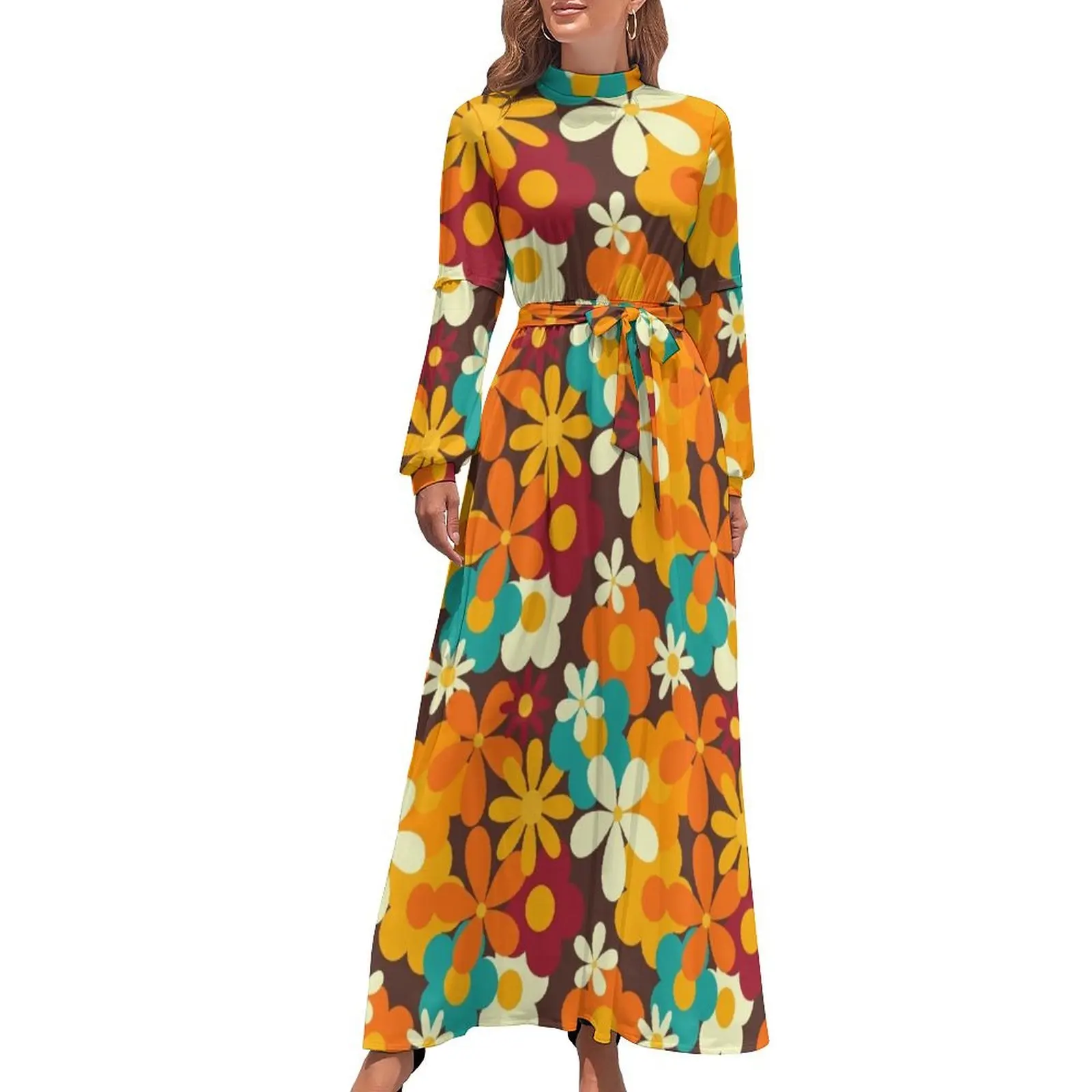 

Retro 70s Classic Colors Flower Power Seamless Repeat Pattern Print Long Dress Aesthetic clothing evening dress women