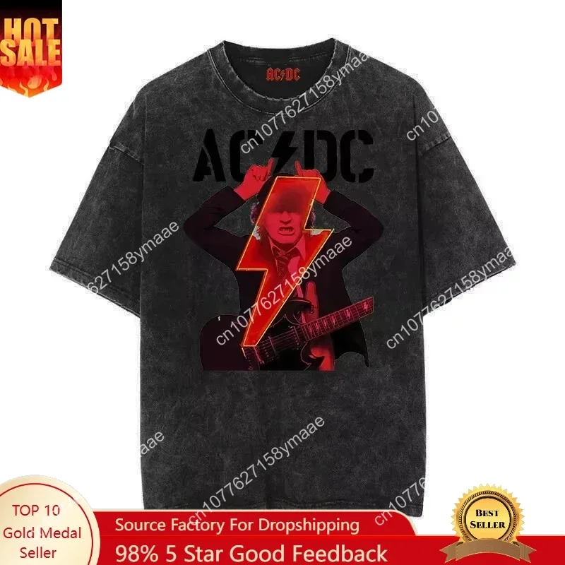 

2025 Summer New ACDC Women T-shirts Short-sleeved Band Rock Punk Retro Washed Printed Short-sleeved T-shirt Cotton Top