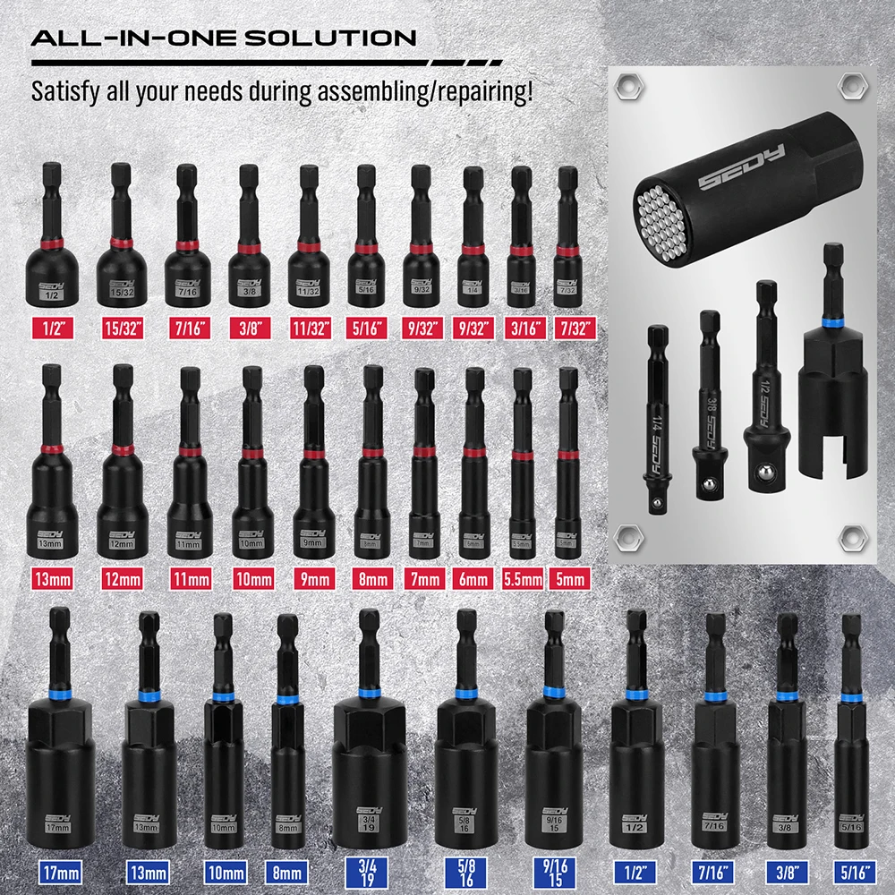 SEDY 80-Piece Premium Magnetic Impact Nut Driver Set Metric & SAE with Socket Adapters, Bit Holder, Wing Nut Driver, Power Bits