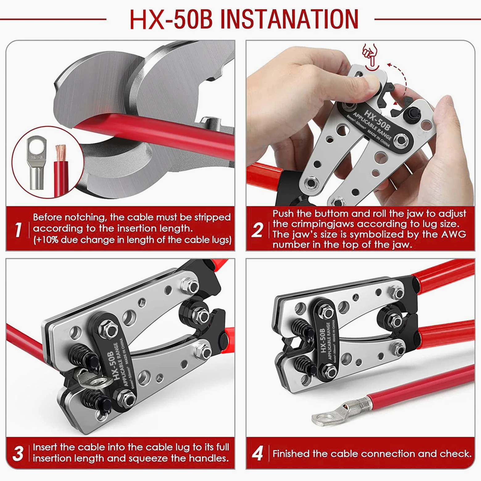 HX-50B Battery Cable Lug Crimping Tool Kit Cable Cutter and Copper Lugs Assortment Heat Shrink Tubing Wire Crimper