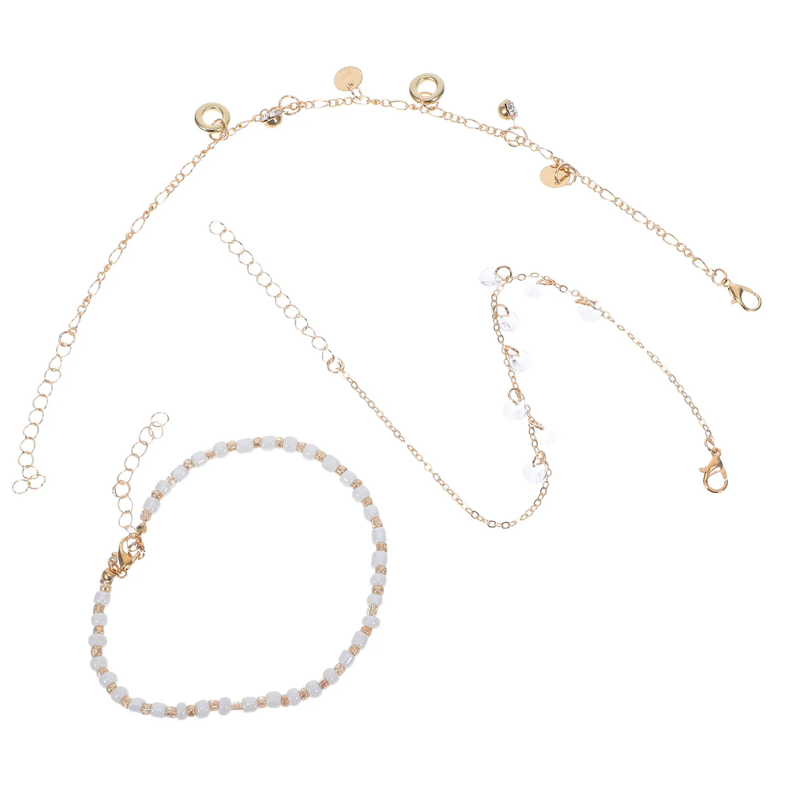 1Set Rice Beads Anklet Unique Durable 3 Separate Chains Tassels Graceful Circular Foot Chain Elegant for Women