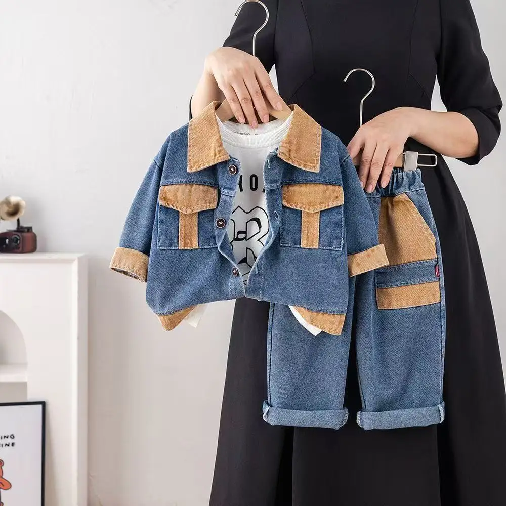 Toddler Boys Spring and Autumn Set Kids Contrast Color Denim Jacket + Jeans + T-Shirt Three-piece Set